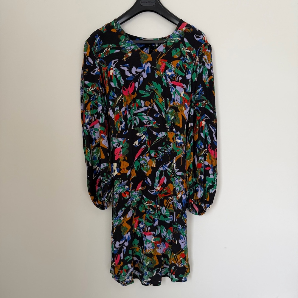 ICHI EcoVero Floral Print Short A-Line Dress Balloon Sleeve V-Neck Size 40 - Picture 2 of 11